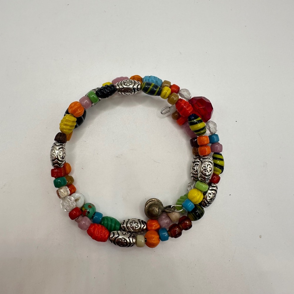 VTG Boho Multi Color Glass Bead Memory Wire Wrap Bracelet‎ Silver Tone Accents